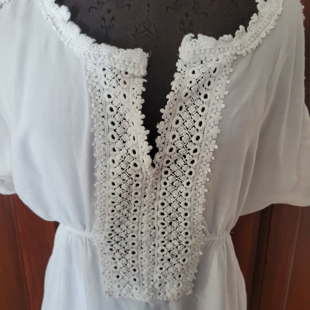 Solitaire Swim Women Large Shirt Dress White V-Neck Crochet Elastic Waist - Picture 3 of 7